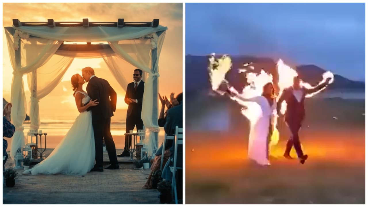 Novios se prenden fuego para entrar a su boda.