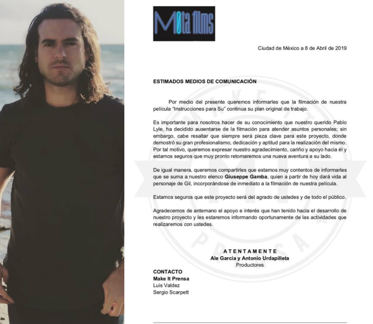 8 de abril: A través de un comunicado de prensa, los productores de la película “Instrucciones para Su” informaron que el actor decidió dejar el proyecto para dedicarse por completo a resolver sus problemas personales en Estados Unidos. Además, indicaron que el personaje de Pablo sería realizado por Giuseppe Gamba, quien a partir de ese momento se uniría al elenco y se incorporaría a las grabaciones.