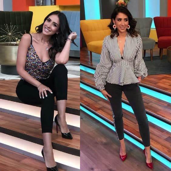 Algo más casual: leggins, tacones y una bella blusa con escote.