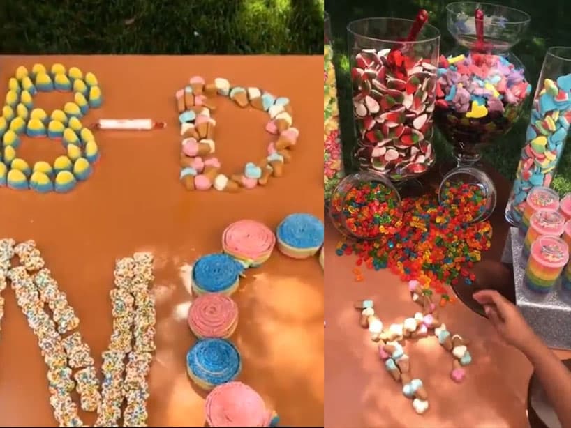 La mesa de dulces tenía los nombres de las pequeñas hechos con caramelos, cuidando así cada detalle.