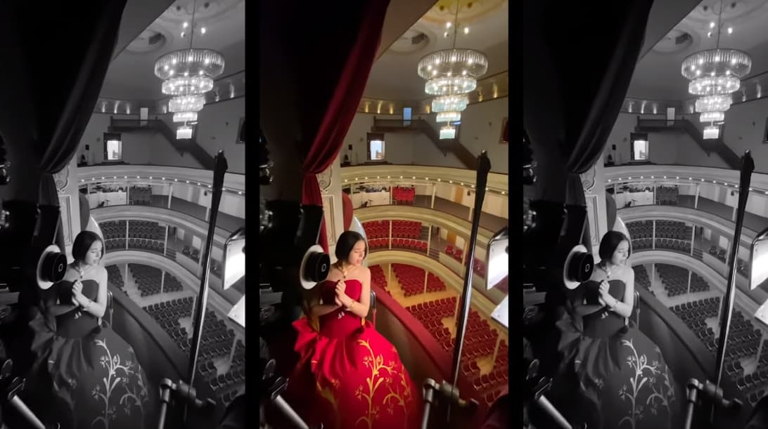 Tras varias horas de grabación, la producción eligió el tercer piso de las butacas del teatro para hacer otras tomas, por ello estaba asegurada por su reboso en caso de algún accidente.